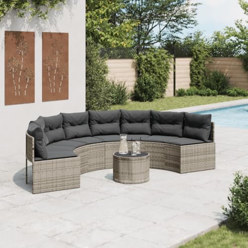 SDWEHO7 Gartensofa Poly Rattan Lounge Sofa Outdoor Sitzgruppe mit Tisch und Kissen, Gartenlounge Sitzgarnitur Gartenmöbel für Terrasse, Balkon, Halbrund Grau von SDWEHO7