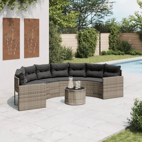 SDWEHO7 Gartensofa Poly Rattan Lounge Sofa Outdoor Sitzgruppe mit Tisch und Kissen, Gartenlounge Sitzgarnitur Gartenmöbel für Terrasse, Balkon, Halbrund Grau von SDWEHO7