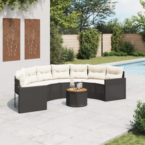 SDWEHO7 Gartensofa Poly Rattan Lounge Sofa Outdoor Sitzgruppe mit Tisch und Kissen, Gartenlounge Sitzgarnitur Gartenmöbel für Terrasse, Balkon, Halbrund Schwarz von SDWEHO7