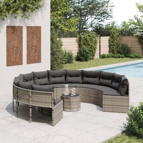 SDWEHO7 Gartensofa Poly Rattan Lounge Sofa Outdoor Sitzgruppe mit Tisch und Kissen, Gartenlounge Sitzgarnitur Gartenmöbel für Terrasse, Balkon, Rund Grau von SDWEHO7