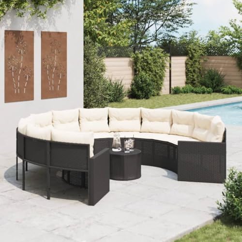 SDWEHO7 Gartensofa Poly Rattan Lounge Sofa Outdoor Sitzgruppe mit Tisch und Kissen, Gartenlounge Sitzgarnitur Gartenmöbel für Terrasse, Balkon, Rund Schwarz von SDWEHO7
