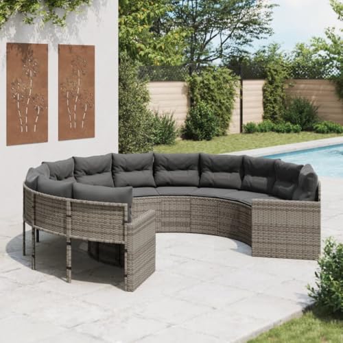 SDWEHO7 Gartensofa Rund Lounge Sofa Outdoor Sitzgruppe mit Kissen, Gartenlounge Sitzgarnitur Gartenmöbel für Terrasse Balkon, Grau Poly Rattan von SDWEHO7