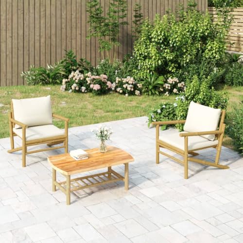 SDWEHO7 Gartenstühle 2er Set Outdoor Stuhl Gartenstuhl Esszimmerstuhl Balkon Terrasse Bistrostuhl, mit Cremeweißen Kissen Bambus von SDWEHO7