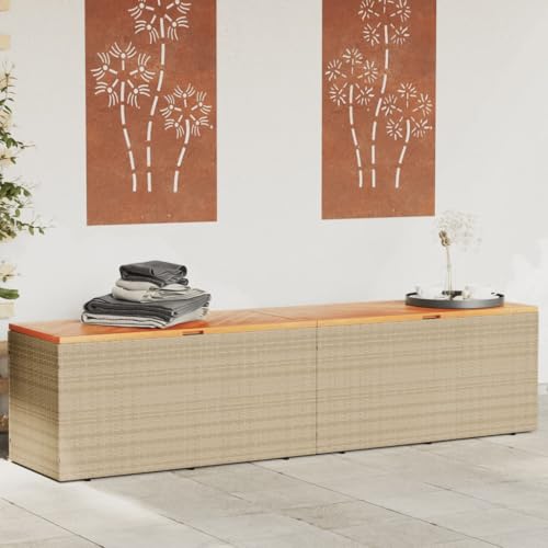 SDWEHO7 Gartentruhe, Sitzbank mit Stauraum, Auflagenbox Aufbewahrungsbox Sitztruhe Kissenbox für Garten Terrasse, Beige 220x50x54 cm Poly Rattan Akazienholz von SDWEHO7