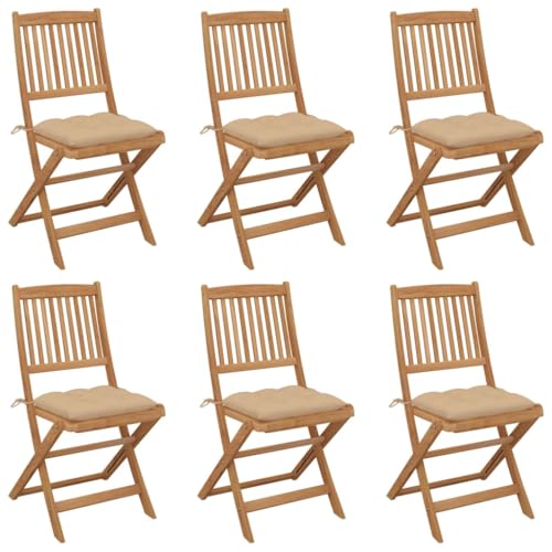 SDWEHO7 Klappbare Gartenstühle mit Beige Kissen, 6er Set, Freizeitstuhl für Balkon, Terrasse, Garten, Robust und langlebig, 48,5 x 57 x 91 cm Massivholz Akazie von SDWEHO7