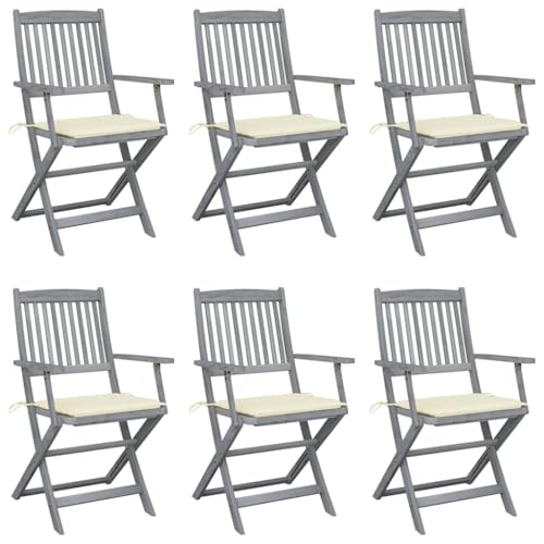 SDWEHO7 Klappbare Gartenstühle mit Cremeweiß Kissen, 6er Set, Freizeitstuhl mit Armlehnen für Balkon, Terrasse, Garten, 54 x 57 x 91 cm Grau Massivholz Akazie von SDWEHO7