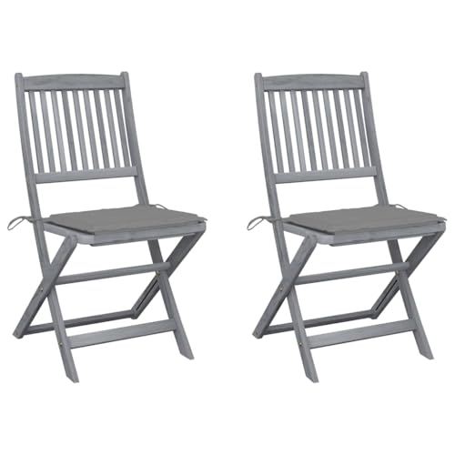 SDWEHO7 Klappbare Gartenstühle mit Grau Kissen, 2er Set, Freizeitstuhl für Balkon, Terrasse, Garten, Robust und langlebig, 48,5 x 57 x 91 cm Grau Massivholz Akazie von SDWEHO7