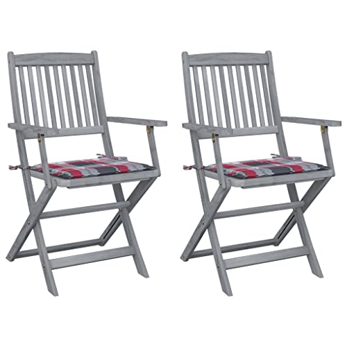 SDWEHO7 Klappbare Gartenstühle mit rotem Karomuster Kissen, 2er Set, Freizeitstuhl mit Armlehnen für Balkon, Terrasse, Garten, 54 x 57 x 91 cm Grau Massivholz Akazie von SDWEHO7