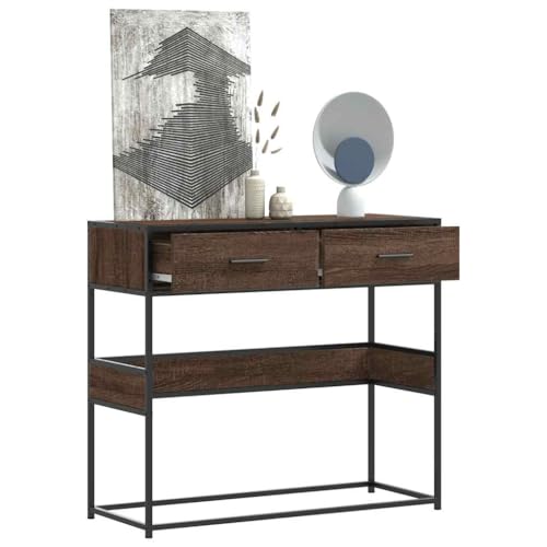 SDWEHO7 Konsolentisch mit 2 Schubladen, Flurtisch, schmaler Sofatisch, für Eingang, Flur, Braun Eichen-Optik 90x35x80 cm Holzwerkstoff von SDWEHO7