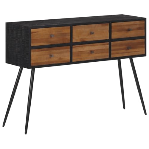 SDWEHO7 Konsolentisch mit 6 Schubladen, Flurtisch, Beistelltisch, Sofatisch für Wohnzimmer Flur, Recyceltes Massivholz Teak 116 x 30 x 76 cm Schwarz von SDWEHO7