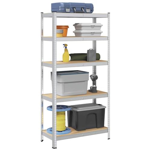 SDWEHO7 Lagerregal mit 5 verstellbare Böden, Schwerlastregal für Keller, Garage, Lagerhaus, Stark, langlebig, stabil, 90 x 40 x 180 cm Silbern Stahl & Holzwerkstoff von SDWEHO7