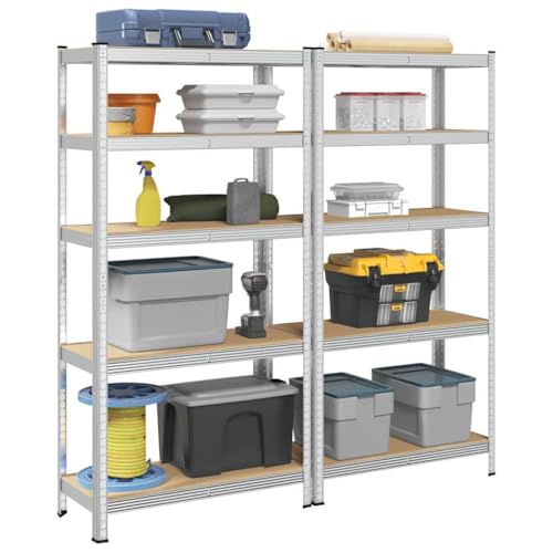 SDWEHO7 Lagerregale mit 5 verstellbare Böden, 2er Set, Schwerlastregal für Keller, Garage, Lagerhaus, Stark, langlebig, stabil, 90 x 40 x 180 cm Silbern Stahl & Holzwerkstoff von SDWEHO7
