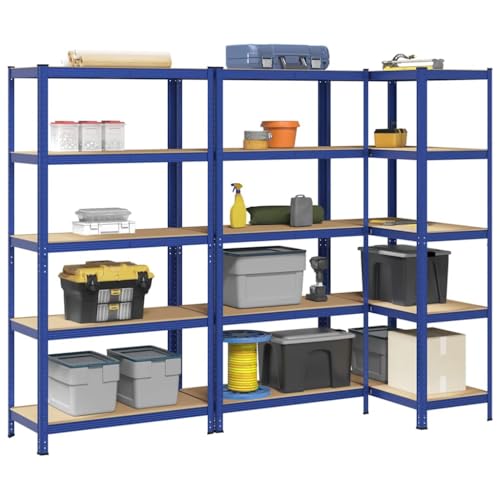 SDWEHO7 Lagerregale mit 5 verstellbare Böden, 3er Set, Schwerlastregal für Keller, Garage, Lagerhaus, Stark, langlebig, stabil, 100 x 50 x 198 cm Blau Stahl & Holzwerkstoff von SDWEHO7