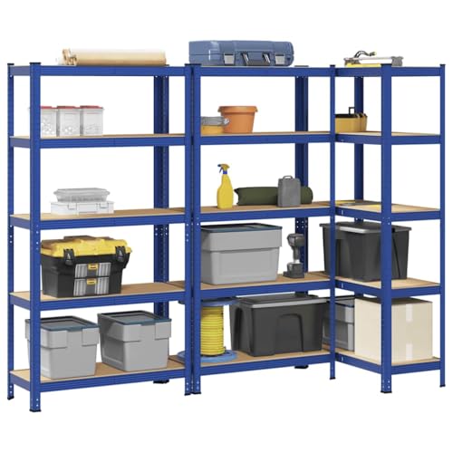 SDWEHO7 Lagerregale mit 5 verstellbare Böden, 3er Set, Schwerlastregal für Keller, Garage, Lagerhaus, Stark, langlebig, stabil, 90 x 40 x 180 cm Blau Stahl & Holzwerkstoff von SDWEHO7