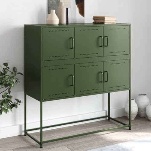 Modernes Sideboard, Metall Kommode mit 6 Türen, Metallschrank Wohnzimmerschrank Beistellschrank Flurschrank, Olivgrün 100,5x39x107 cm Stahl von SDWEHO7