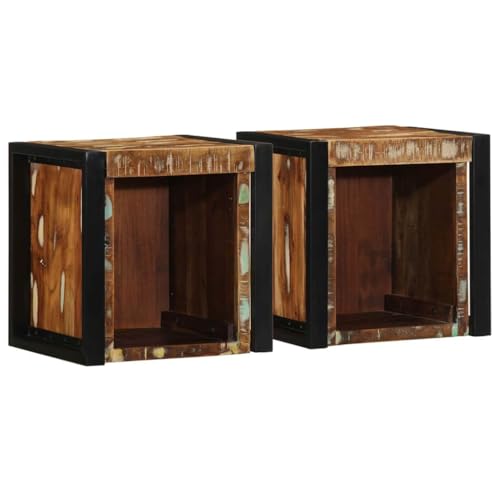 SDWEHO7 Nachttisch 2er Set, Side Table mit offene Fächer, Wandmontage, Kaffeetisch, Beistelltisch für Schlafzimmer, Mehrfarbig 40x35x40 cm Altholz Massivholz von SDWEHO7