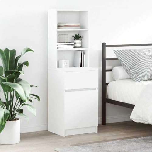 Nachttisch mit Schublade, Tür und 3 offene Fächer, Side Table, Kaffeetisch, Beistelltisch für Schlafzimmer, Weiß 39x35x125 cm Holzwerkstoff Nachttisch mit Schublade, Tür und 3 offene Fächer, Side Table, Kaffeetisch, Beistelltisch für Schlafzimmer, Weiß 39x35x125 cm Holzwerkstoff von SDWEHO7