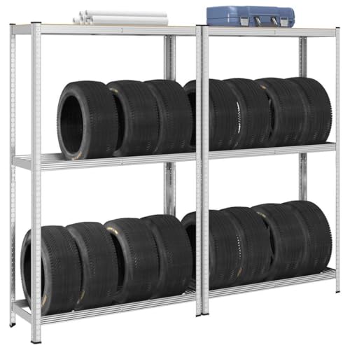 SDWEHO7 Reifenregale mit 2 verstellbare Böden, 2er Set, Lagerregal für Keller, Garage, Lagerhaus, Robust und langlebig, Silbern 110x40x180 cm Stahl & Holzwerkstoff von SDWEHO7