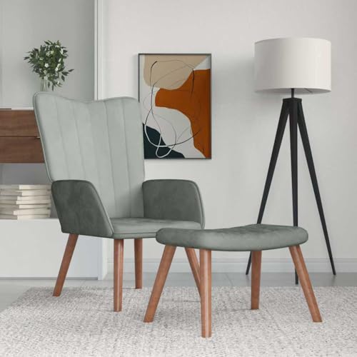 SDWEHO7 Relaxsessel mit Hocker, Modern Freizeitstuhl Gepolstert mit Massivholzrahmen, Lesesessel Für Wohnzimmer, Schlafzimmer, 61.5x69x95.5 cm Hellgrau Samt von SDWEHO7