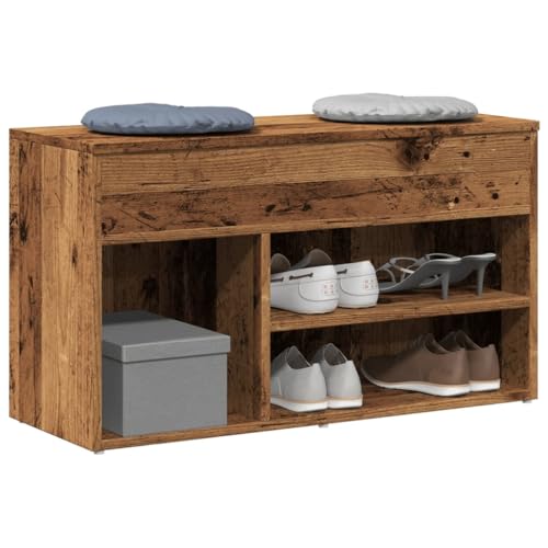 Schuhbank mit 3 Fächern und Aufbewahrungsbox, Schuhschrank, Schuhaufbewahrung für Wohnzimmer, Garderobe und Flur, Altholz-Optik 80x30x45 cm Holzwerkstoff von SDWEHO7