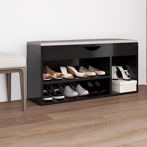 SDWEHO7 Schuhbank mit Kissen Mit 3 Fächern, Schuhaufbewahrung für Wohnzimmer, Garderobe und Flur, Robust und langlebig, Hochglanz-Schwarz 104x30x49cm Holzwerkstoff SDWEHO7 Schuhbank mit Kissen Mit 3 Fächern, Schuhaufbewahrung für Wohnzimmer, Garderobe und Flur, Robust und langlebig, Hochglanz-Schwarz 104x30x49cm Holzwerkstoff von SDWEHO7