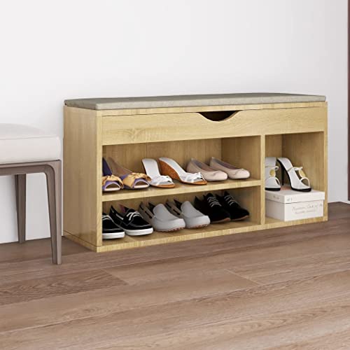 Schuhbank mit Kissen Mit 3 Fächern, Schuhaufbewahrung für Wohnzimmer, Garderobe und Flur, Robust und langlebig, Sonoma-Eiche 104x30x49 cm Holzwerkstoff von SDWEHO7