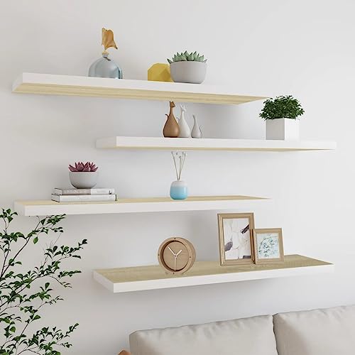 SDWEHO7 Schweberegale 4er-Set, Duschablage, Aufbewahrungsregal für Router, Bücher, Lautsprecher, Mediaplayer, Leicht zu reinigen, Eichen-Optik und Weiß 120x23,5x3,8 cm MDF SDWEHO7 Schweberegale 4er-Set, Duschablage, Aufbewahrungsregal für Router, Bücher, Lautsprecher, Mediaplayer, Leicht zu reinigen, Eichen-Optik und Weiß 120x23,5x3,8 cm MDF von SDWEHO7