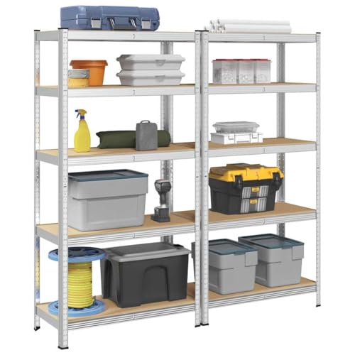 SDWEHO7 Schwerlastregale mit 5 verstellbare Böden, 2er Set, Lagerregal für Keller, Garage, Lagerhaus, Stark, langlebig, stabil, 90 x 45 x 180 cm Silbern Stahl Holzwerkstoff von SDWEHO7