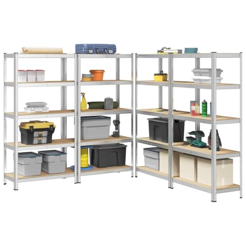 SDWEHO7 Schwerlastregale mit 5 verstellbare Böden, 4er Set, Lagerregal für Keller, Garage, Lagerhaus, Stark, langlebig, stabil, 90 x 45 x 180 cm Silbern Stahl Holzwerkstoff von SDWEHO7