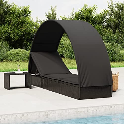 SDWEHO7 Sonnenliege mit Verstellbarer Rückenlehne, Dach & Auflage, Garten Liegestuhl Gartenliege Outdoor Liege für Garten Terrasse, Schwarz 211x57x140 cm Poly Rattan von SDWEHO7