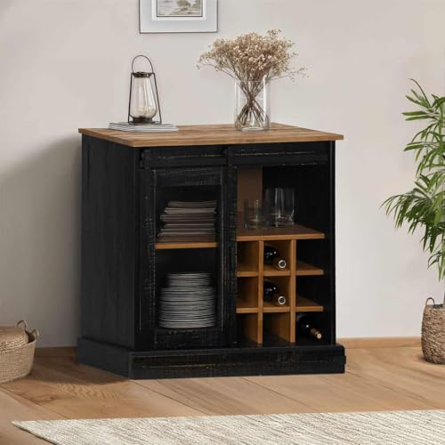 Vintage Buffet Sideboard mit 1 Schiebetür und 9 Weinflaschenhaltern, Beistellschrank Flurschrank Aufbewahrungsschrank für Schlafzimmer Wohnzimmer, Schwarz 80x40x80 cm Massivholz von SDWEHO7