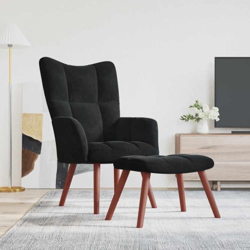 Sessel mit Hocker, Gepolsterter Stuhl, Einzelsofa, Clubsessel, Fernsehsessel für Wohnzimmer, Schlafzimmer, Empfangsbereich, 61.5x69x95.5 cm Schwarz Samt von SDWEHO7