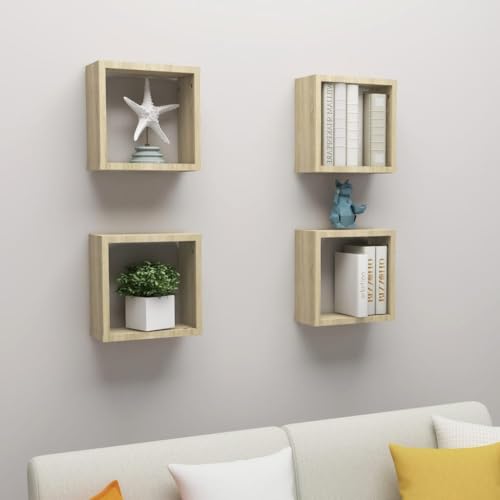 Würfel-Wandregale 4er-Set, Schwebend Hängeregal, Bücherregal, Regale Dekorativ für Wohnzimmer, Schlafzimmer, Büro, Sonoma-Eiche 30x15x30 cm Holzwerkstoff von SDWEHO7