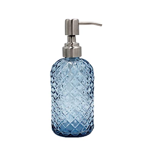 Seifenspender aus Glas mit Diamantmuster, 473 ml, nachfüllbar, für Küche und Bad, mit rostbeständiger Edelstahlpumpe für Handseife, Lotionglas, Flüssigkeitsspender (blau) von SDlumeiy