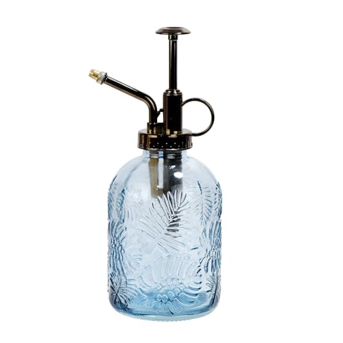 SDlumeiy Glas-Pflanzen-Sprühflasche, Glasblatt-Druck, einhändige Gießkanne mit antikem Messing-Kunststoff, einhändige Pumpe, 19 cm hoch, für Innen- und Außenbereich, kleine Sprühflasche (blau) von SDlumeiy