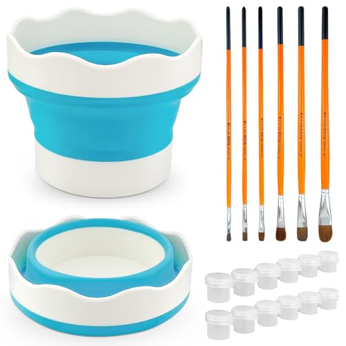 SDwfxd 2 Stk Faltbarer Wasserbecher Für Wasserfarben Set, 2 Stk Pinselbecher mit 6 Stk Pinsel und 2 Stk Farbtopf, für Drinnen und Draußen Aquarell Acryl Ölgemälde(Blau) von SDwfxd