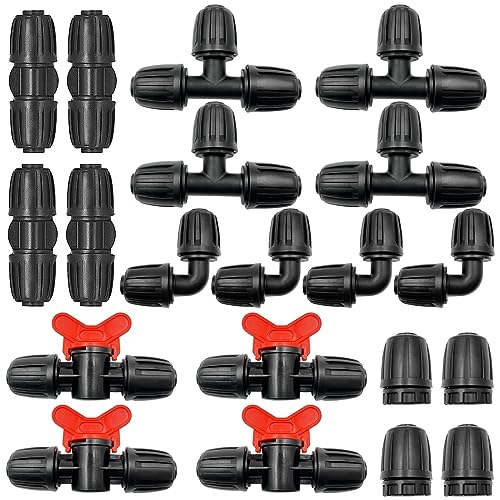 SDwfxd 20 Stk Bewässerungsarmaturen Kit, 4 T-Stücke, 4 Kupplungen, 4 Enden, 4 Winkelstücke, 4 Schaltventile, Steckverbinder mit Widerhaken für 1/2 "Tropfschläuche von SDwfxd