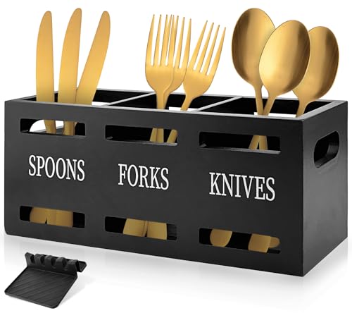 SDwfxd Küchenutensilienhalter mit Drainagematte, Große 3 Fächer Fester echtes Holz Utensil Organizer, Utensilienhalter Küche Behälter für Küchenutensilien, Schwarz SDwfxd Küchenutensilienhalter mit Drainagematte, Große 3 Fächer Fester echtes Holz Utensil Organizer, Utensilienhalter Küche Behälter für Küchenutensilien, Schwarz von SDwfxd