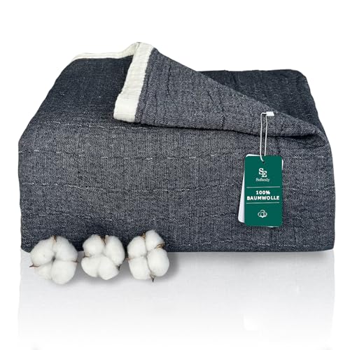 SE SOFTEXLY Kuscheldecke Baumwolle 100%, 4-lagige Weiche Kuscheldecke Musselin Tagesdecke, Bett-Überwurf Sofadecke Wohndecke für Ganze Saison als Sofaüberwurf Dunkelblau Blanket 230x260cm von SE SOFTEXLY