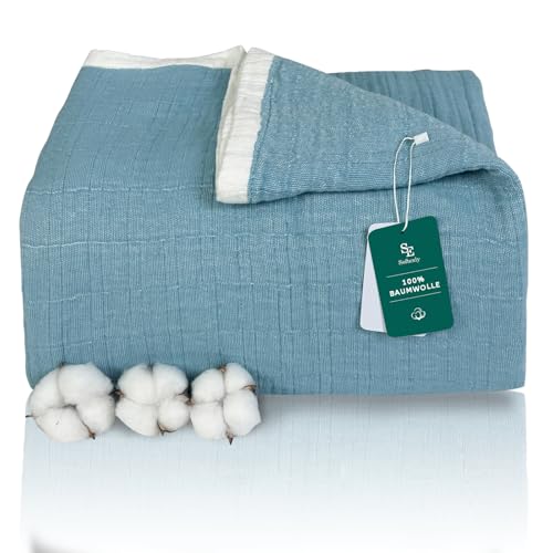 SE SOFTEXLY Kuscheldecke Baumwolle 100%, 4-lagige Weiche Kuscheldecke Musselin Tagesdecke, Bett-Überwurf Baumwolldecke Sofadecke Wohndecke für Ganze Saison als Sofaüberwurf Hellblau Blanket 150x200cm von SE SOFTEXLY