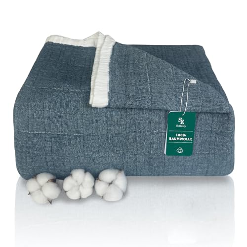 SE SOFTEXLY Kuscheldecke Baumwolle 100%, 4-lagige Weiche Kuscheldecke Musselin Tagesdecke, BettÜberwurf Baumwolldecke Sofadecke Wohndecke für Ganze Saison als Sofaüberwurf Pfauenblau Blanket 150x200cm von SE SOFTEXLY