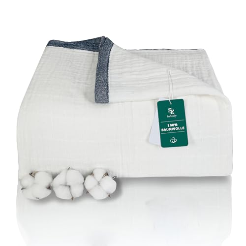 SE SOFTEXLY Kuscheldecke Baumwolle 100%, 4-lagige Weiche Kuscheldecke Musselin Tagesdecke, Bett-Überwurf Baumwolldecke Sofadecke Wohndecke für Ganze Saison als Sofaüberwurf Weiß Blanket 230x260cm von SE SOFTEXLY