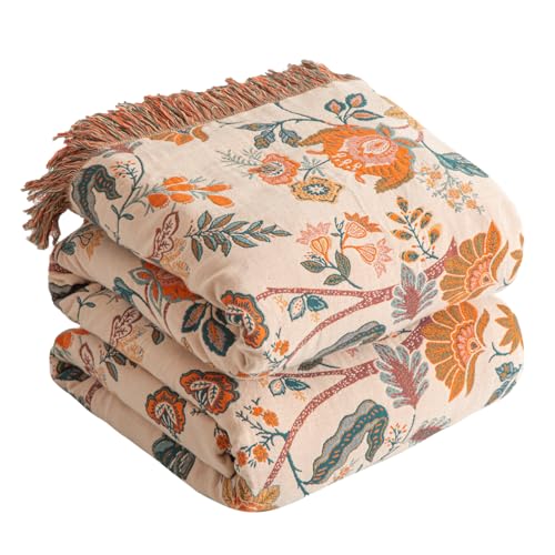 SE SOFTEXLY Boho Decke 100% Baumwolle – Große Doppelseitige Musselin Tagesdecke 200x230cm, Kuschelige Sofadecke & Bettüberwurf, Aesthetic Design, Ideal für Wohnzimmer & Schlafzimmer, Orange/Grün von SE SOFTEXLY