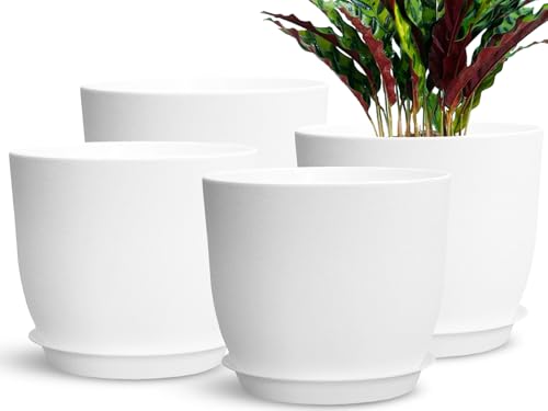 SE SUN-E 4Stück 20 cm Blume Töpfe Pflanzgefäße für den Innenbereich im Freien Kunststoff-Pflanzgefäße mit Entwässerungsbohrung und Untertassen Moderne dekorative Garten Topf, weiß von SE SUN-E