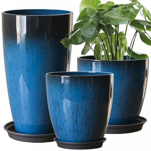 SE SUN-E Große Kunststoff-Pflanzgefäße mit Tablett 3er-Set hohe runde Pflanztöpfe mit Entwässerungslöchern (Blau glänzend) von SE SUN-E