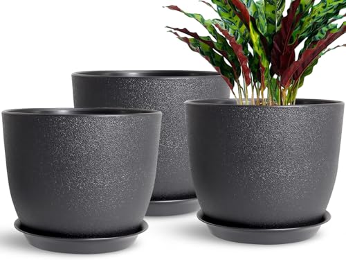 SE SUN-E Pflanzgefäße 3er Set, 25 cm Indoor Outdoor Pflanzgefäße für alle Zimmerpflanzen Schwarze Plastikblumentöpfe Moderner dekorativer Gartentopf mit Untersetzer von SE SUN-E