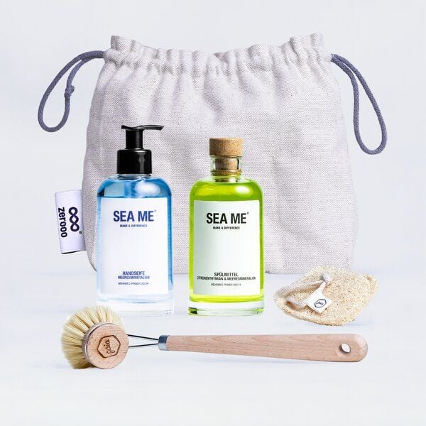 SEA ME Küchen Set mit Spülmittel, Handseife, Spülbürste & Spülschwamm | vegan | Mehrweg-Glas 250 ml von SEA ME