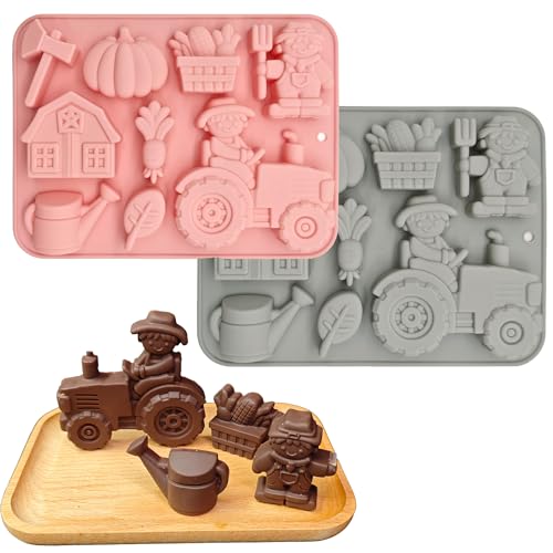 SEABABOO Silikonform Traktor 3D 2Pcs Silikonform Bauernhof Silikon Backform Traktor Traktor Kuchenform 3D Antihaftbeschichtet für Chocolate Cookie Fondant Eiswürfel (Bauernhof, 20.8 x 15.7 x 2.1 cm) von SEABABOO