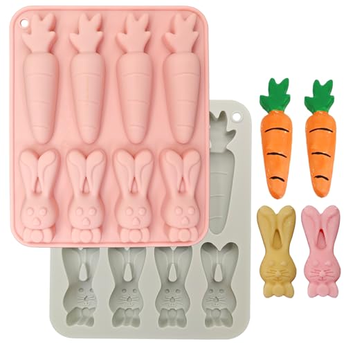 SEABABOO Silikonformen Hase Karotte Ostern 8 Cavity 2 Stück Silikonform Kaninchen Silikon Hasenform Silikonform 3D Ostern Backen Osterhase Backform für Ostern Schokolade Muffins Gelee (Rosa Grau) von SEABABOO
