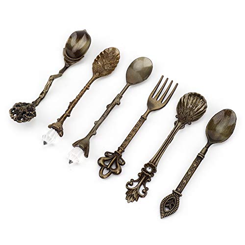 6-teiliges Dessert-Kaffee-Rührlöffel, Löffel, Gabel-Set, Besteck, Löffel, Besteck, Küchenzubehör für Zuhause und Vitrine (Grüne Bronze (Liebesgabelgriff)) von SEAFRONT